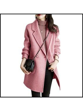 Wool Blend Herringbone Pea Coat Notch Lapel Double Breasted Winter